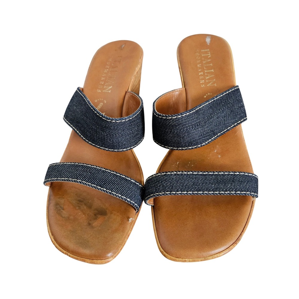 Italian Shoemakers Womens 10 Denim Double Strap Wedge Sandals Made in Italy Blue